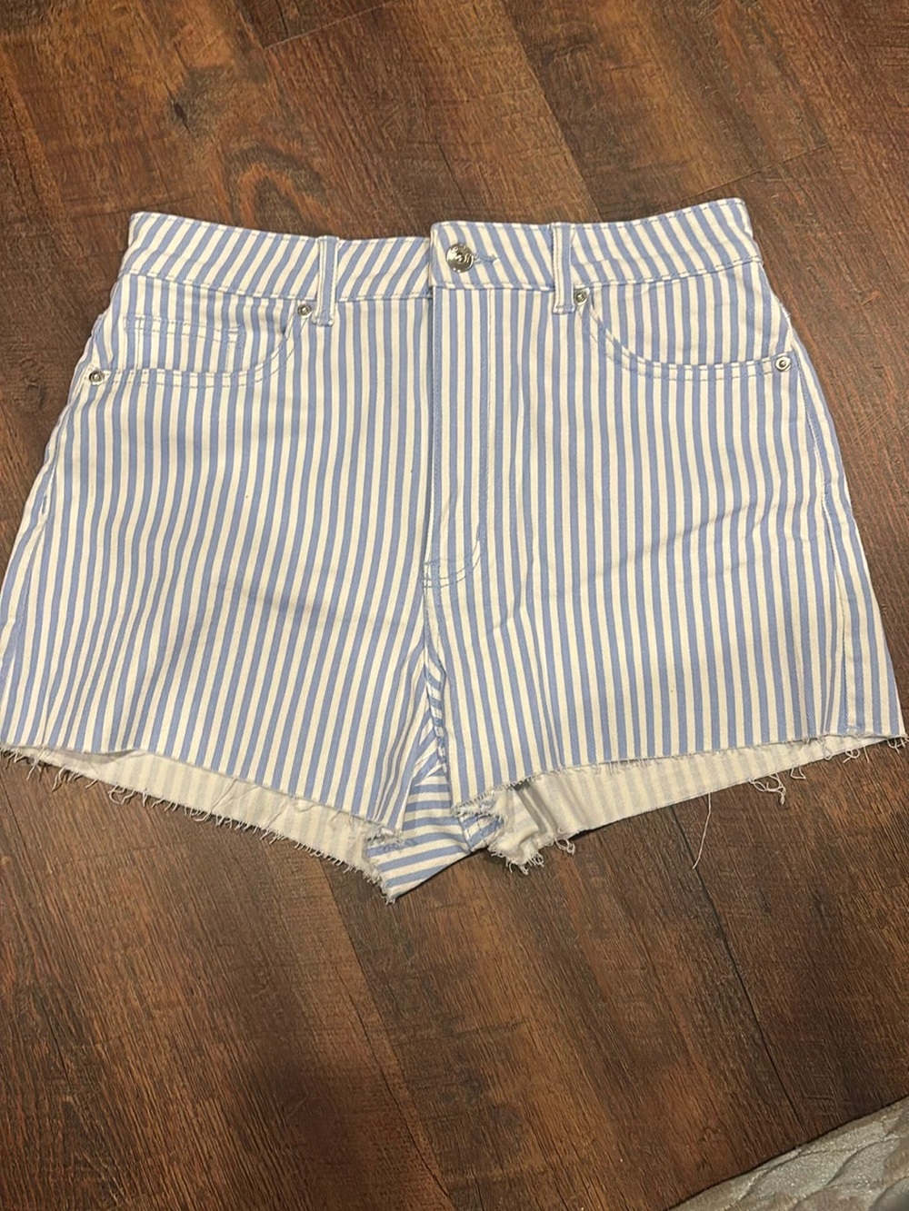 H&M Light Blue & White Striped High-Waist Denim Shorts